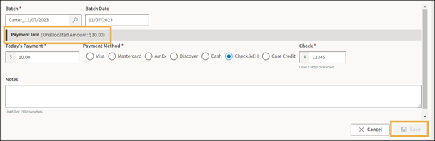 Payment view with yellow highlight boxes around the unallocated amount and the grey Save button.